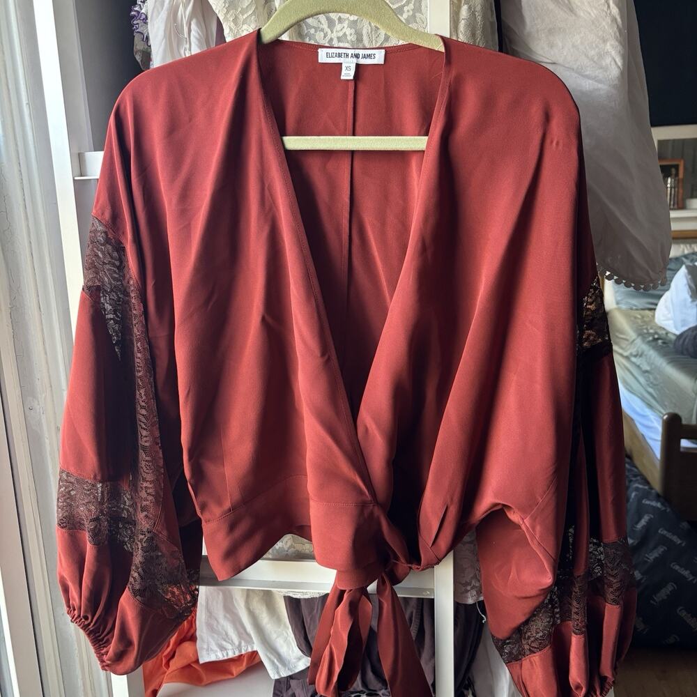 Elizabeth and James Women's Talia‎ Garnet Balloon Sleeve Silk Wrap Blouse, XS